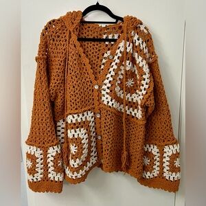 POL Crochet Button-Up Cardigan - Orange and Cream NWOT Large